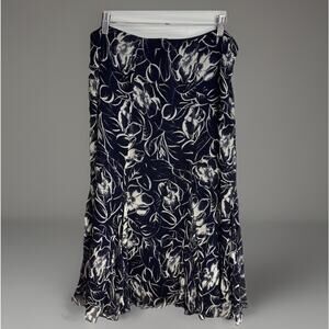 Ralph Lauren 100% Silk Midi Skirt 10 Petite Lined Ruffles Flowy Floral Nautical